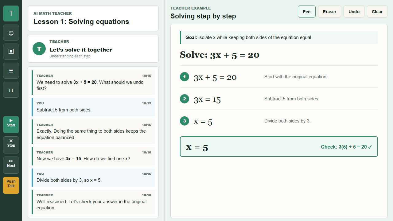 AI Teacher classroom showing a lesson transcript and worked-example area